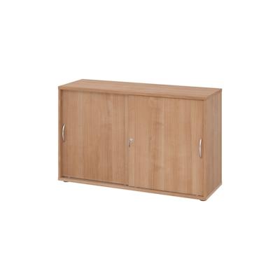 bümö Schiebetürenschrank 2OH - Aktenschrank abschließbar, Sideboard Schrank mit Schiebetüren in Nussbaum, Bogengriff - Büroschrank aus Holz mit Image