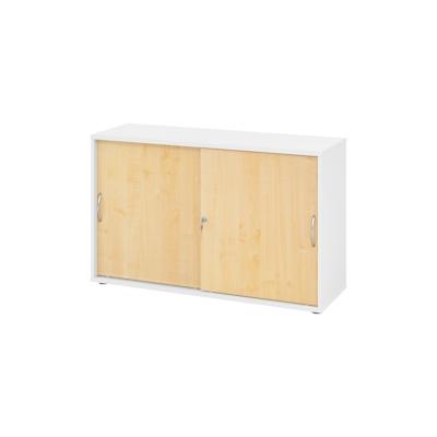 bümö Schiebetürenschrank 2OH - Aktenschrank abschließbar, Sideboard Schrank mit Schiebetüren in Weiß/Ahorn, Bogengriff - Büroschrank aus Holz mit Image
