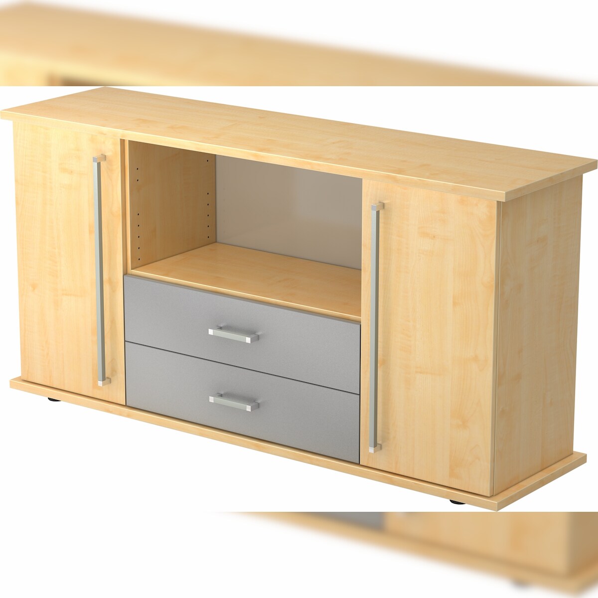 bümö Sideboard Ahorn mit Flügeltüren & Regal - Büromöbel Sideboard mit Schubladen Holz 166cm breit, 45cm schmal, Büro Schrank für Flur oder als