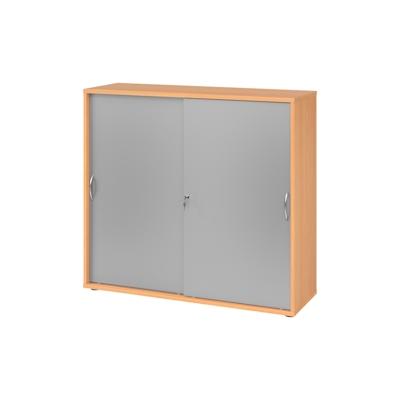 bümö Schiebetürenschrank 3OH - Aktenschrank abschließbar, Sideboard Schrank mit Schiebetüren in Buche/Silber, Bogengriff - Büroschrank aus Holz mit Image