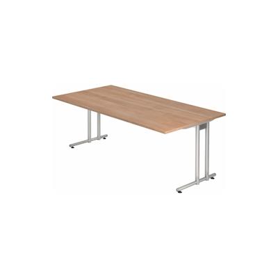 bümö Schreibtisch groß, N-Serie 200x100 cm, Tischplatte aus Holz in Nussbaum, Gestell aus Metall in Silber - PC Tisch, großer Computertisch für's Image