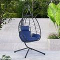 Basket Swinging Egg Chair with C Type Bracket Rattan Wicker Hammock Chair with Deep Cushion Porch Chaise Lounge Chair for Indoor Outdoor Home Bedroom Backyard Balcony Navy Blue