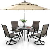 6 Pieces Outdoor Dining Set with Umbrella Patio Furniture Set with 4 Sling Dining Swivel Chairs 1 x 37 Wood-Like Table and 1 x 10ft 3 Tiers Umbrella (Beige)