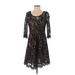 NY Collection Cocktail Dress - Party Scoop Neck 3/4 sleeves: Black Print Dresses - New - Women's Size Medium Petite