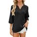 Ydkzymd Compression Shirts for Women 3/4 Sleeve Ribbed Button Down Shirts Summer Henley Elbow Blouses Textured Dress Casual Tops Black 2XL
