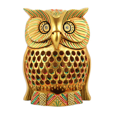 Majestic Sage,'Traditional Jali Kadam Wood Magnet of a Golden Owl'