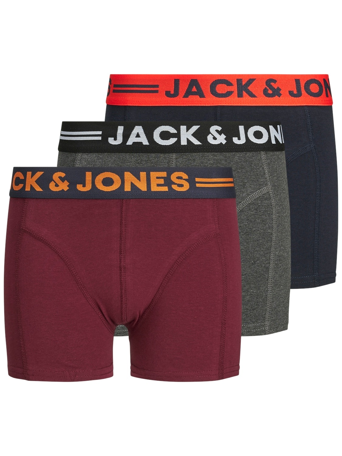 Trunk JACK & JONES JUNIOR "JACLICHFIELD eng anliegend, mit Stretchbund", Jungen, Gr. 140, 3 Stk., grau (dunkelgrau melange), Jersey, Obermaterial: 95% Baumwolle, 5% Elasthan, unifarben, eng, Unterhosen, unifarben, casual, eng, Jersey, Rundhals