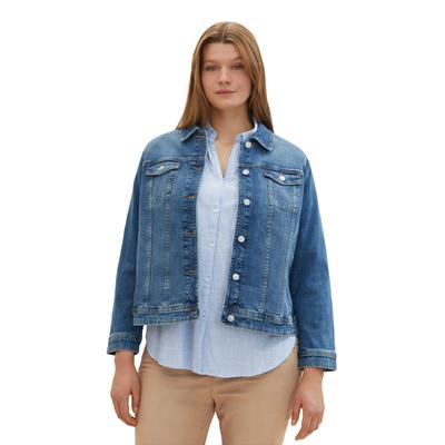 Jeansjacke TOM TAILOR PLUS, Damen, Gr. 50, blau (blau denim), Denim/Jeans, Obermaterial: 98% Baumwolle, 2% Elasthan, unifarben, casual, normal hüftbedeckend, Rundhals, Langarm 1-Knopf-Manschette, Jacken, mit Knopfleiste und Stretch Image