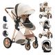 Foldable Baby Stroller 3 in 1 Luxury Stroller,Travel System Pram for Newborns Toddlers 0-36 Months,Rain Cover,Diaper Bag,Reversible Bassinet Pram,Adjustable Canopy (Color : White)