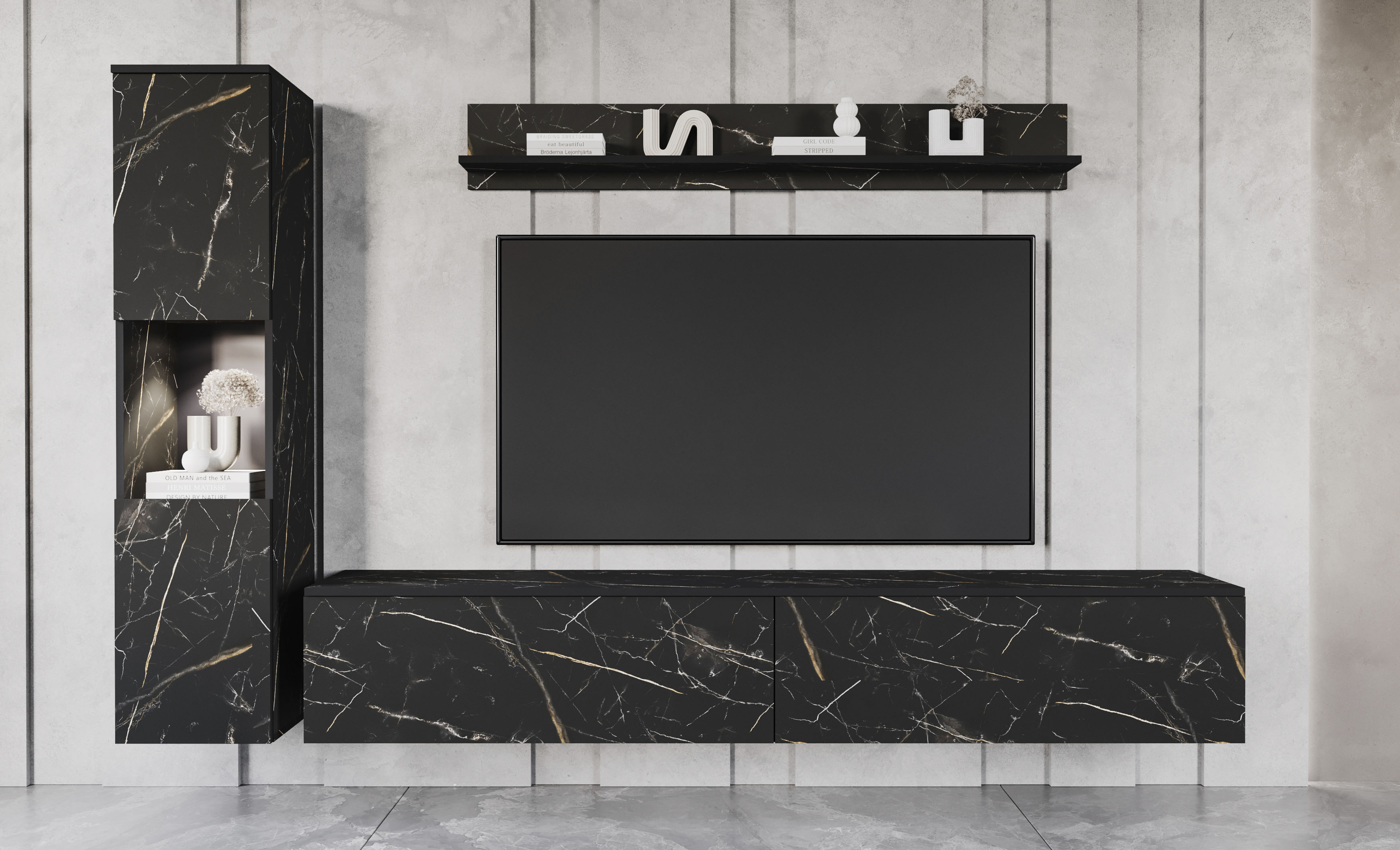 Wohnwand INOSIGN "PARIS, Vitrine Türanschlag links/rechts wechselbar", braun (san sebastian), B:220cm H:130cm T:33cm, Kastenmöbel-Sets, grifflose Design, stehend und hängend montierbar