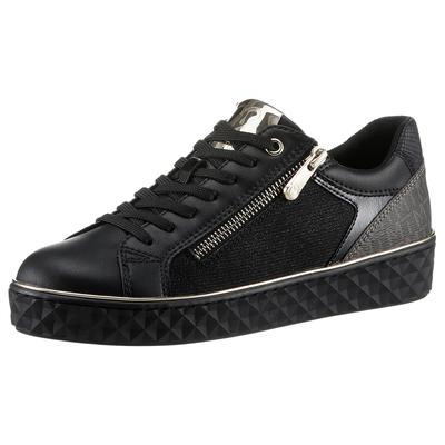 Plateausneaker MARCO TOZZI, Damen, Gr. 36, schwarz (schwarz, kombi), Lederimitat, Textil, unifarben, kontrastfarbene Det