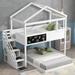 Twin Over Full House Bunk Bed with Storage Staircase and Blackboard, Wooden L-Shaped Bunk Bedframe with Roof Design for Kids