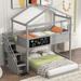 Twin Over Full House Bunk Bed with Storage Staircase and Blackboard, Wooden L-Shaped Bunk Bedframe with Roof Design for Kids