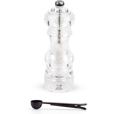 Peugeot Nancy Acrylic Manual Salt Mill - Transparent Adjustable Grinder Gift Set- With Stainless Steel Spice Scoop/Bag Clip,