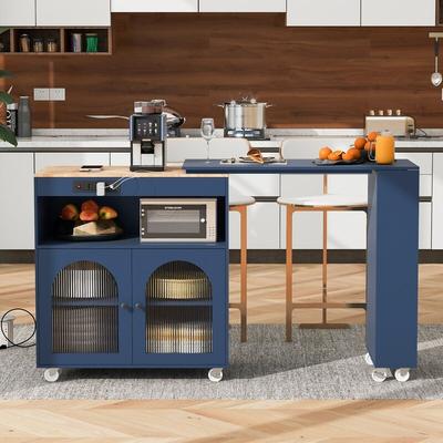 Rolling Kitchen Island With Extended Table,with LED Lights,Glass Doors