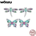 WOSTU-Boucles d'oreilles en argent regardé 925 arc-en-ciel CZ libellule papillon boucles d'oreilles