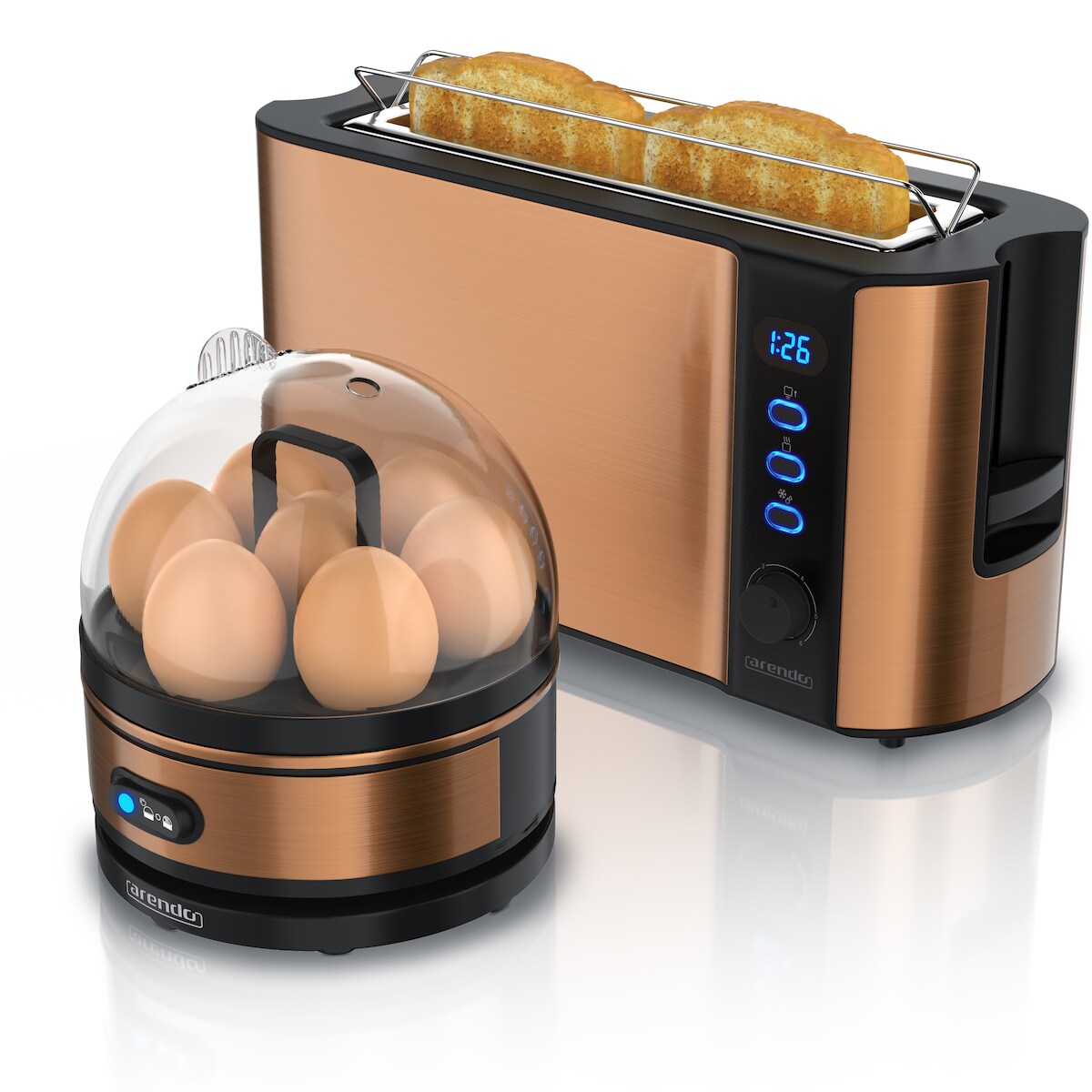 Arendo - SET Toaster FRUKOST mit Eierkocher SEVENCOOK Edelstahl Kupfer, Toaster 2 Scheiben, LED-Display, 6 Bräunungsgrade, Brötchenhalter - Eierkocher Image