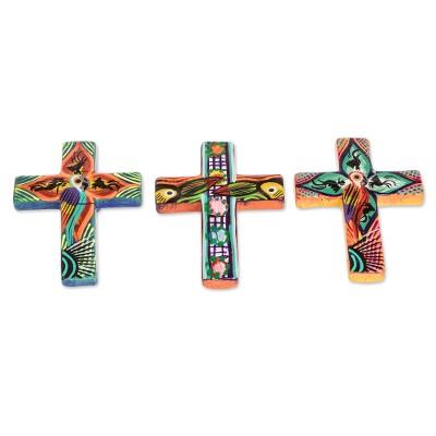 Bird and Flower Crosses,'Hand Painted Cross Ceramic Refrigerator Magnets (Set of 3)'