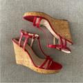 Jessica Simpson Shoes | Jessica Simpson Jardina Red Faux Patent Leather Glossed Cork Wedge Sandals | Color: Red | Size: 10