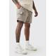 Mens Beige Plus Elasticated Waist Textured Cargo Short In Stone, Beige