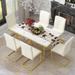 7-Piece Modern Dining Table Set, Rectangular Marble Sticker Table and 6 PU Leather Chairs with Golden Steel Pipe Legs