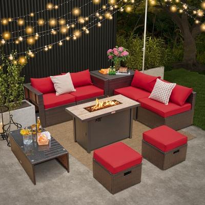 9 Pieces Outdoor Patio Furniture Set with 42 Inch Propane Fire Pit Table