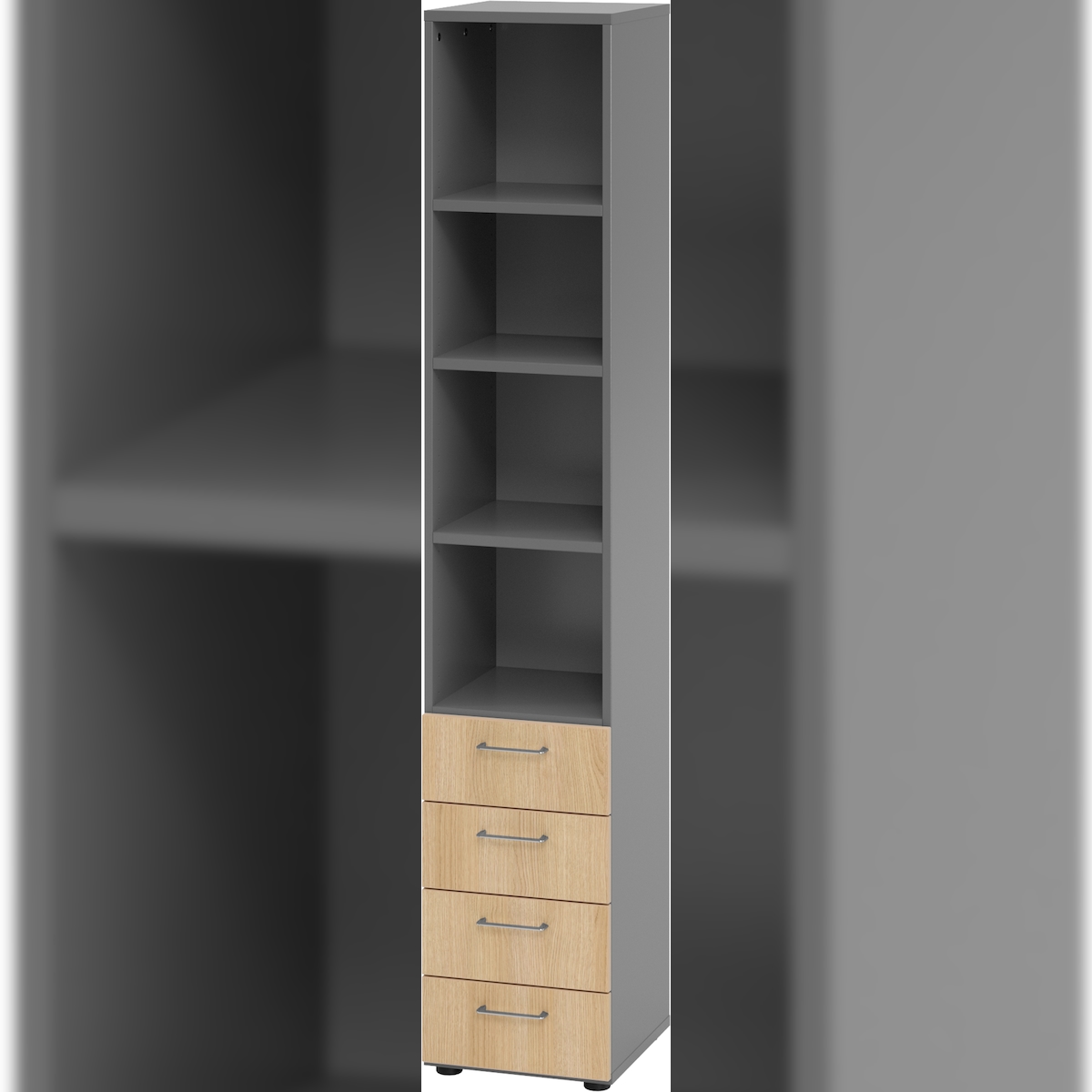 bümö smart Schubladenschrank, Büroschrank in Graphit/Eiche mit 4 Schüben & 4 Regalfächern - Bürocontainer aus Holz, Container mit Metallgriffen & Image
