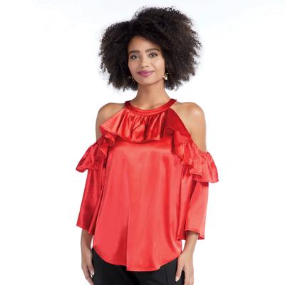 Masseys Ruffle Cold Shoulder Top (Size XL) Poppy Red, Polyester,Nylon,Spandex