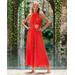 Boston Proper - Caliente Red - High Neck Pleated Jumpsuit with Floral Belt - 0