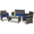 4-Piece Rattan Patio Set Outdoor Wicker Conversation Sofa with Weather Resistant Cushions and Tempered Glass Tabletop for Lawn Backyard Pool Garden (White(Black Wicker))