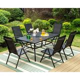 VILLA 7 PCs Outdoor Patio Dining Set 6 Adjustable Folding Reclining Sling Chair with Armrest & 1 Rectangle Patio Dining Table with 1.57 Umbrella Hole (Black)