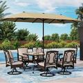 & William Patio Table and Chairs with 10ft 3 Tier Auto-tilt Beige Umbrella 6 Piece Outdoor Table Furniture Set with 4 Padded Swivel Rocker Dining Chairs 1 Square Metal Table and 1 U