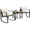 Patio Chairs 3 Piece Wicker Rocking Chair Outdoor Bistro Sets with Coffee Table and Cushions Metal Frame Patio for Porch Balcony Lawn (White)