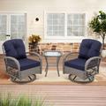 3 Piece Patio Swivel Bistro Set Outdoor All Weather Wicker Swivel Chair Furniture Set Conversation Chairs Set with Navy Cushion and Coffee Table for Backyard Poolside Garden