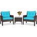 KHBIULIFE 3 Piece Patio Set Outdoor Rattan Wicker Conversation Set with Cushions Glass Top Coffee Table for Garden Balcony Poolside Brown