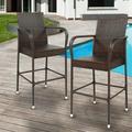 Ktaxon 4 PCS Outdoor Patio Brown Rattan Bar Chairs Wicker Bar Stools for Backyard Iron Frame Wicker Chair Furniture Set Brown