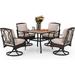 & William Patio Table and Chairs with 10ft 3 Tier Auto-tilt Beige Umbrella 6 Piece Outdoor Table Furniture Set with 4 Padded Swivel Rocker Dining Chairs 1 Square Metal Table and 1 U