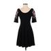 Free People Casual Dress - A-Line Boatneck 3/4 sleeves: Black Print Dresses - Women's Size X-Small