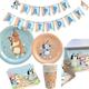 Peach and Blue Birthday Party Supplies| Peach & Blue dog Birthday Party Decorations| Includes: 16 Dinner plates, Dessert plates, Napkins, Cups, 1 long Tablecover, 1 Happy Birthday Banner.