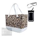 Feastaw Rubber Beach Tote Bag - Waterproof Washable Durable Open Purses with Zipper Pocket and Phone Pouch for Pool Boat, Leopard Print, XL