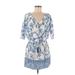 Blue Island Casual Dress - Mini Plunge 3/4 sleeves: Blue Floral Dresses - Women's Size Medium