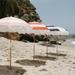 Holiday Beach Umbrella ~ White Boho Fringe Umbrella, UPF 50+, 1" Tilting Wood Pole, 5'W x 6.5'H, Le Sirenuse Capri Stripe