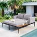 Modern Outdoor Daybed Patio Metal Daybed with Wood Topped Side Spaces for Drinks, 2 in 1 Padded Chaise Lounges for Poolside