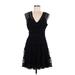 Studio M Casual Dress - A-Line V Neck Short sleeves: Black Print Dresses - Women's Size Large Petite