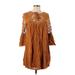 She + Sky Casual Dress - Shift Tie Neck 3/4 sleeves: Brown Print Dresses - Women's Size Small