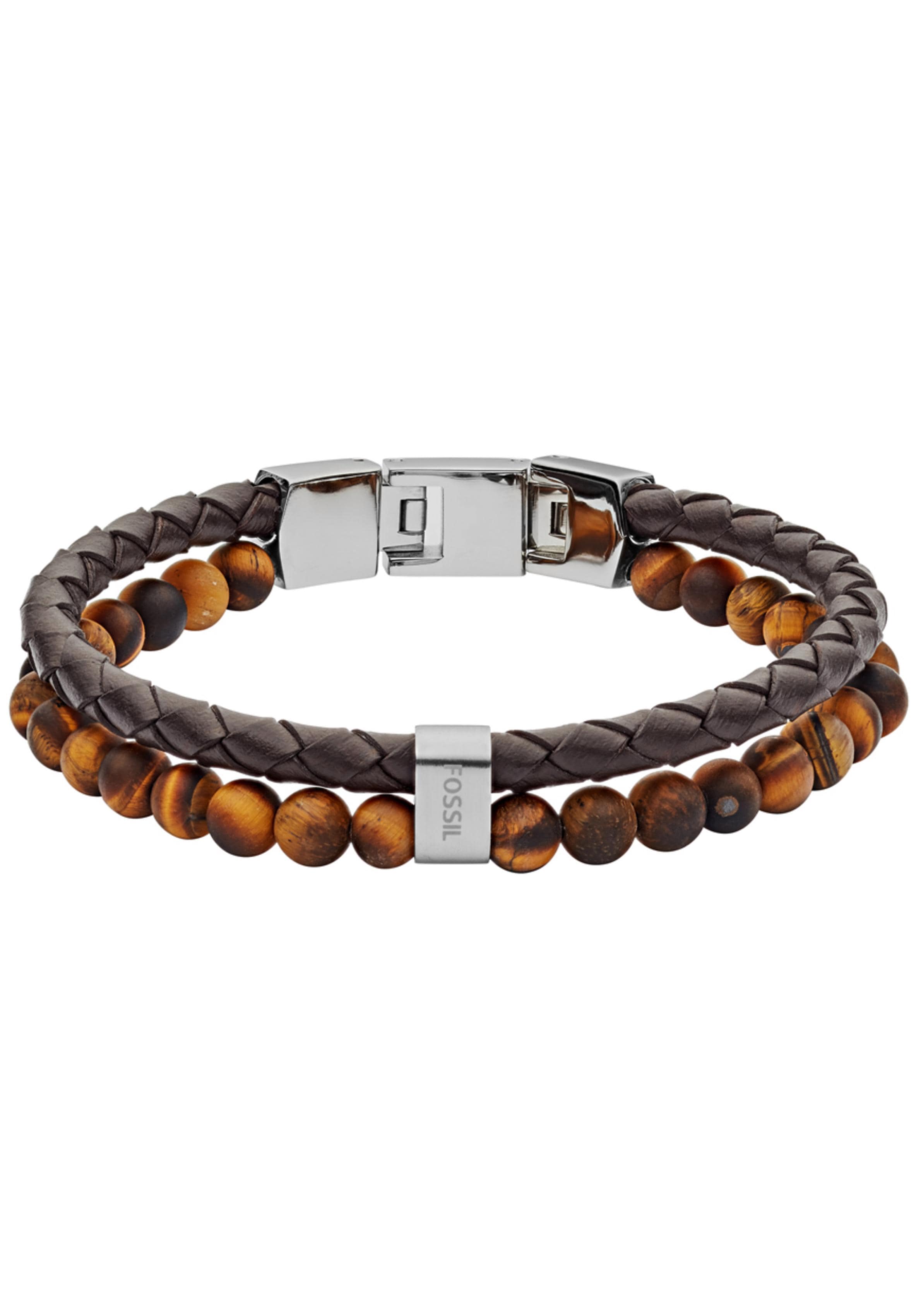 Armband FOSSIL "Schmuck Geschenk Edelstahl Leder VINTAGE CASUAL", braun (edelstahlfarben, braun, braun), Armbänder, Edelstahl Leder, Edelstahl, Leder, mit Tigerauge Image