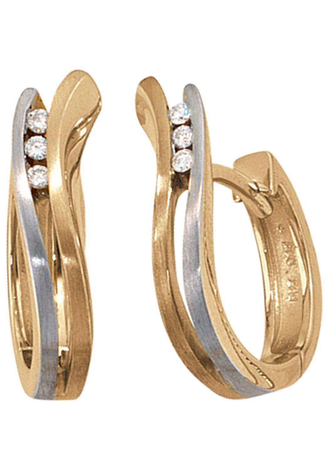 Paar Creolen JOBO, gelb (gelbgold 585), Ohrringe, Damen, P1 = bei 10-facher Vergrößerung erkennbare Einschlüsse, Diamanten Gelbgold 585, Diamanten, Gelbgold 585, 585 Gold bicolor mit 6 Diamanten Image