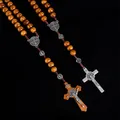 Chapelet de perles en bois chrétien de 10MM, collier croix pour femmes, pendentif vierge marie INRI, longue chaîne, bijoux religieux pour hommes