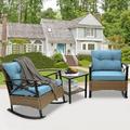 3 Piece Rocking Bistro Table Set Steel Top Table W/ 2 Rocking Chairs Padded Seat PE Rattan Bistro Set of 3 All-Weather Conversation Set for Outdoor Patio Poolside Balcony - Blue