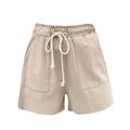 WEAIXIMIUNG Summer Cotton Linen Wide Leg Shorts Elastic Lace Loose Casual Pants Gym Shorts Women Khaki M